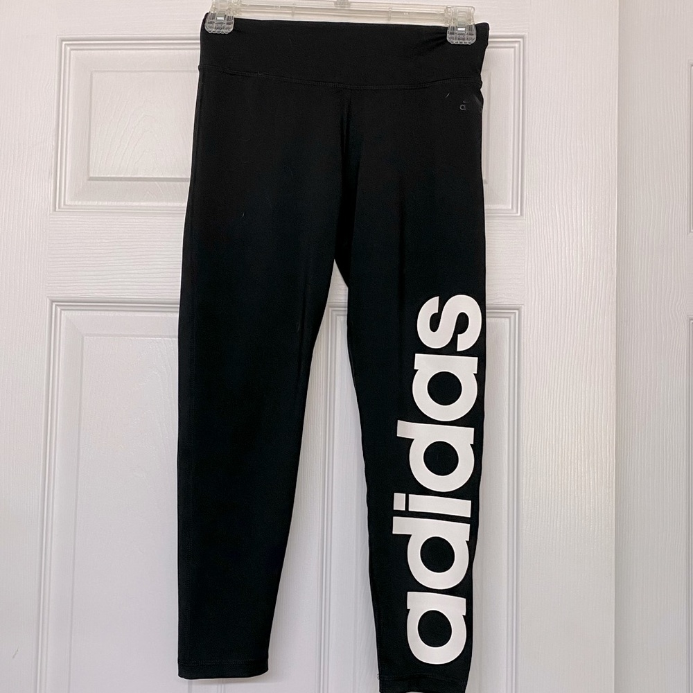 Adidas Climalite Spell Out Black Capri Leggings Wide Waistband Sz S